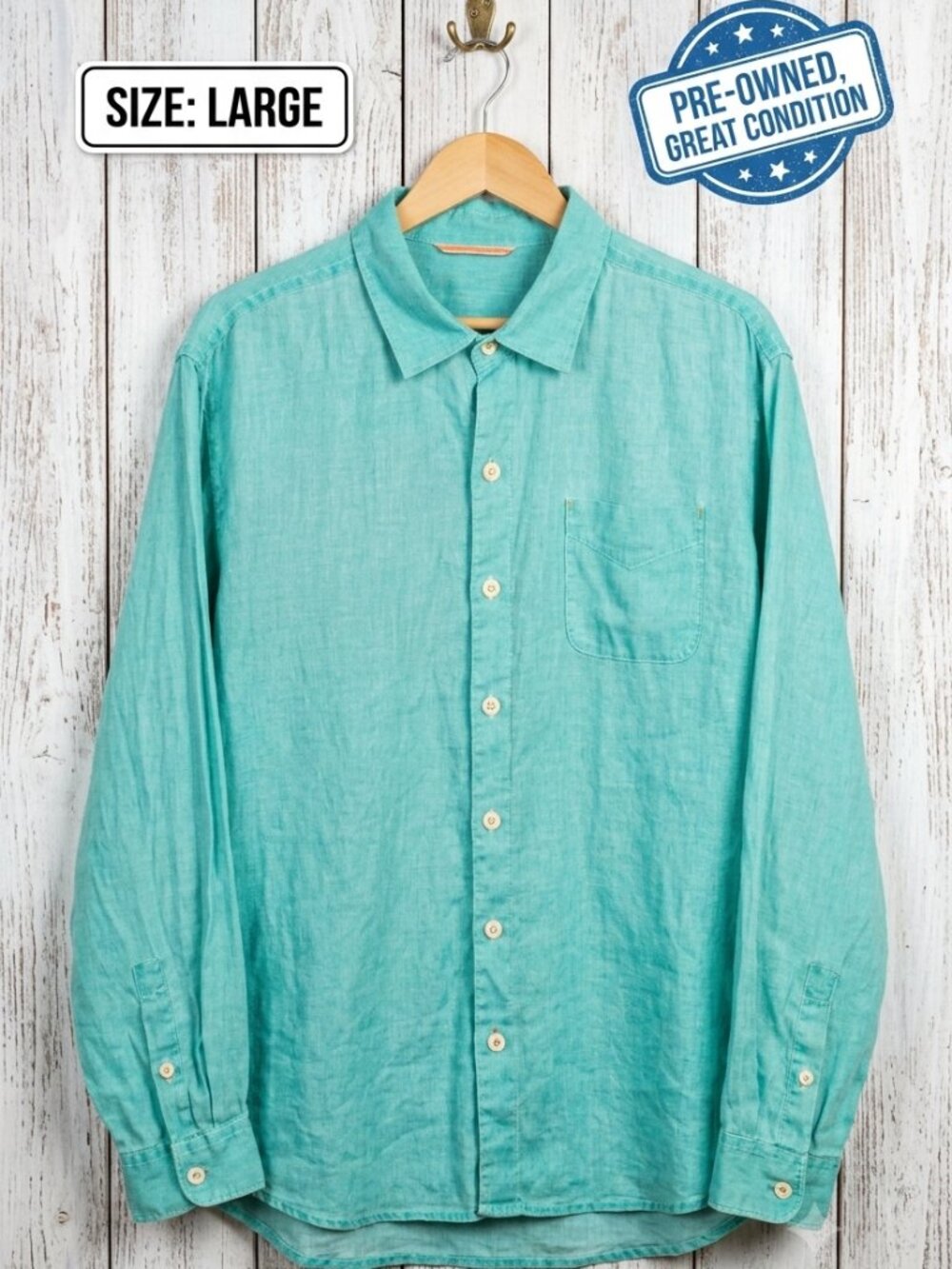 Tommy Bahama Green Linen Sea Glass Long Sleeve Shirt Large